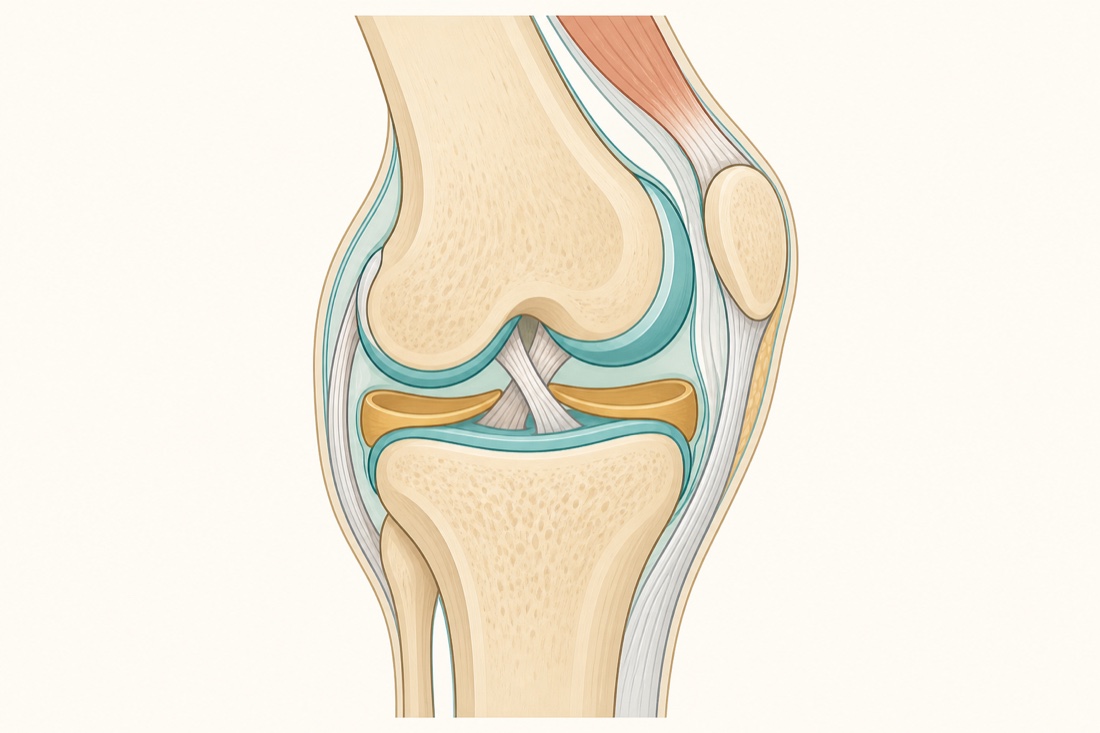 Ilustración en corte de una articulación de rodilla con cartílago, meniscos y ligamentos